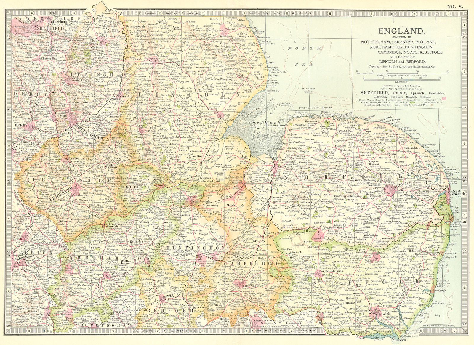 EAST MIDLANDS ANGLIA. Notts Leics Hunts Cambs 1903 old antique map plan chart
